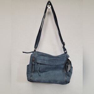 Bueno Washed Twill Slate Blue Faux Leather Shoulder Bag
